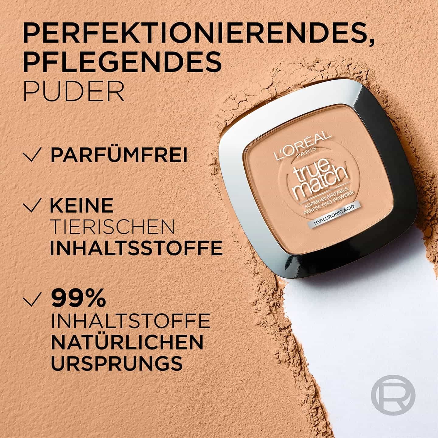 Tiegel &  Text perfektionierendes, pflegendes Puder sowie drei Produktvorteilen